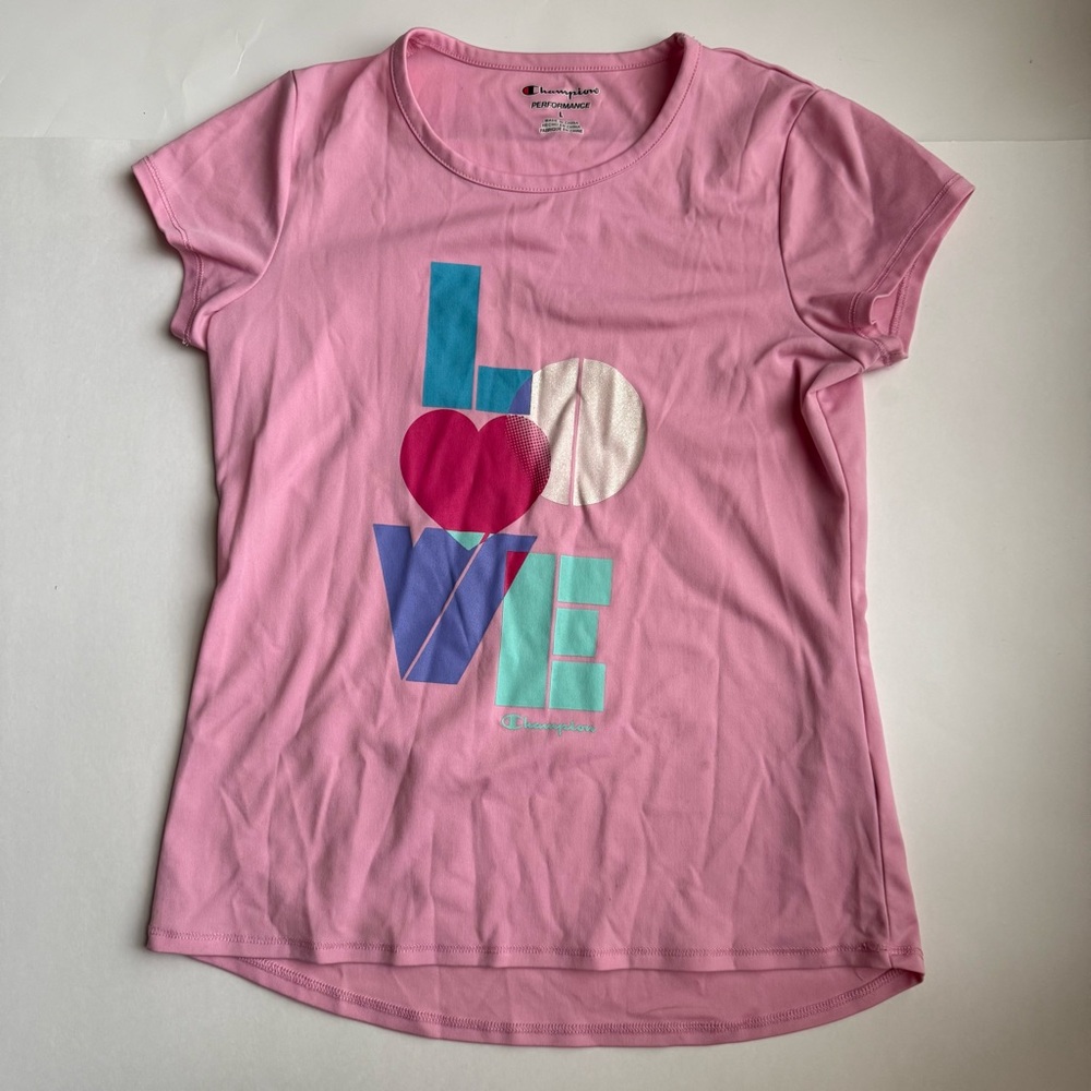 🍭 Champion Performance Girls “Love” Pink T-Shirt - Size Large (Used)